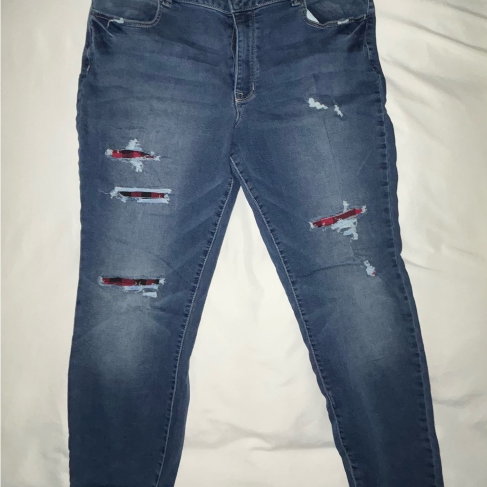 Maurices Red and Blue Skinny Jeans with Distressed Details